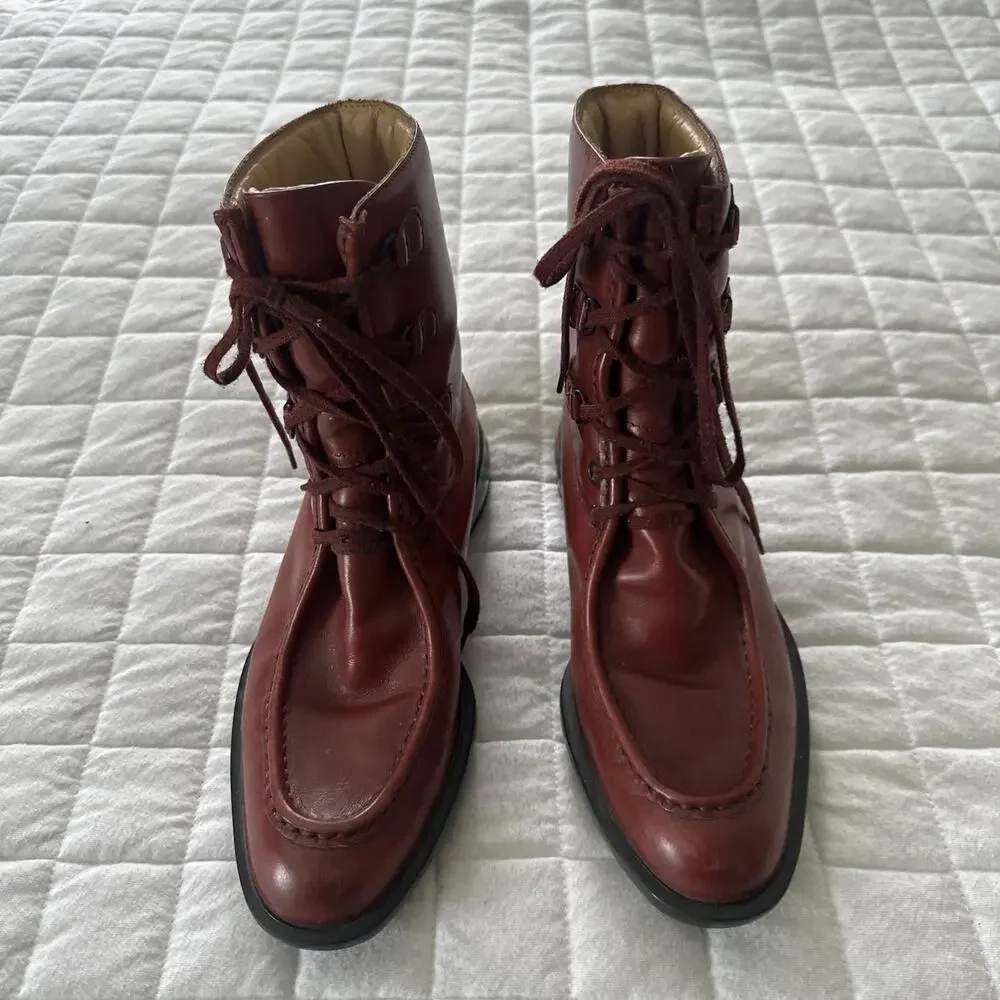 TODS Boots Womens 38 US 8 Red Leather Lace Up Combat Ankle Wedge Low Heel - Picture 2 of 14